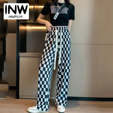 Black And White Plaid Pants New Women Casual Loose Wide Leg Trousers Ins  Retro Teen Straight Trousers Hiphop Streetwear - Pants & Capris - AliExpress