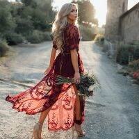 Boho Inspired gypsy embroidery LACE MAXI DRESS Plunge Neck slit side tunic summer dress 2022 new sexy beach dress clothes female