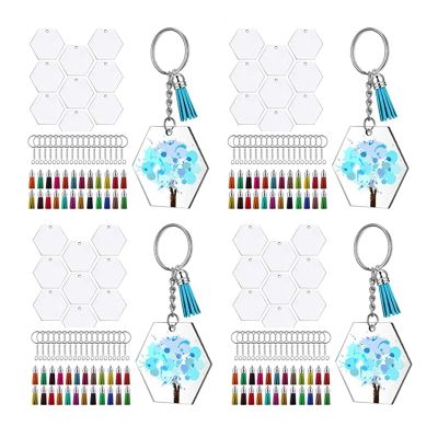 288Pcs Acrylic Transparent Discs Hexagon Keychain Blanks Charms and Tassel Pendants Keyring with Chain for DIY Crafts