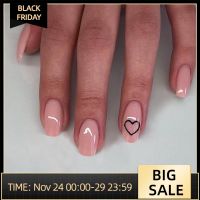 24pcs/box Middle length Ballet nude pink Color false nails with design with heart pattern artificial nails with jelly glue