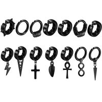 2 14Pieces Black Stainless Steel Men Women Clip On Earrings Vintage Punk Cross Triangle Spike Hoop Huggie Non Piercing Earrings