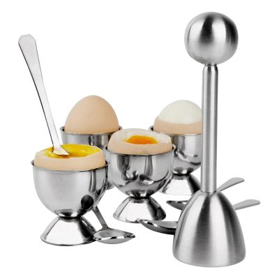 Stainless Steel Egg Cracker Topper Set,Hard Boiled Eggs Separator Holder,4 Spoons,4 Cups,1 Shells Remover Top Cutter