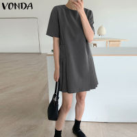 VONDA เสื้อยืดคอกลมลำลองผู้หญิงแขนสั้นชุดกระโปรงสั้นจีบสีพื้น (ลำลองเกาหลี)