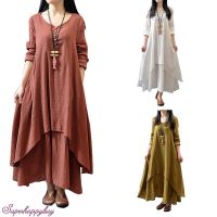 COD DSTGRTYTRUYUY ✨Boho Dress✨ Maternity Women Long Sleeve Cotton Linen Beach Long Maxi Dress