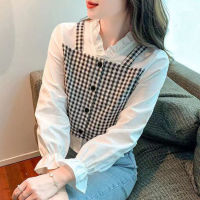 แขนยาวเสื้อเบลาส์แฟชั่นสำหรับผู้หญิงลายสก็อตคอวี2023เสื้อเชิ้ตสไตล์เกาหลีลำลอง