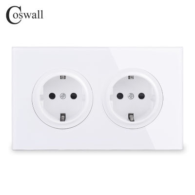 Coswall Crystal Tempered Pure Glass Panel 16A Double EU Standard Wall Power Socket Grounded With Child Protective Lock 146 Type