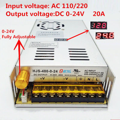 {“: 480W 20A 0-24V แหล่งจ่ายไฟที่ปรับได้ HJS-480-0-24พร้อมจอแสดงผลดิจิตอลควบคุมแรงดันไฟฟ้า DC