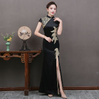 Black Traditional Chinese Evening Dress Cheongsam Qipao Plus Size Women Clothing Vestido Oriental Wedding Gowns Guzheng Costume