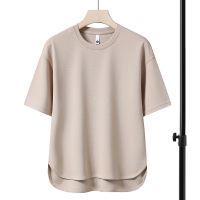 【July hot】 Mens tops mens short-sleeved t-shirt loose simple front short back long waffle half-sleeve solid T-shirt