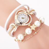 Pearl Bracelet Watch Women Bracelet Watches with Pearl Pendant Luxury Ladies Leather Quartz Rhinestone Wristwatches Clock