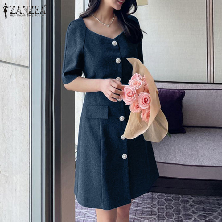 สินค้ามาใหม่-จัดส่งฟรี-ชุดเดรสทำงานแฟชั่นสไตล์เกาหลีของผู้หญิง-fancystyle-zanzea-ทรงหลวมชุดเดรสปุ่ม-sundress-ทรงเอไลน์-ol-10