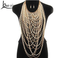 2021 Exaggerated Beaded Super Long Pendants Necklace Women Trendy Pearl Choker Necklace Body Jewelry Gold Shoulder Chain Collar