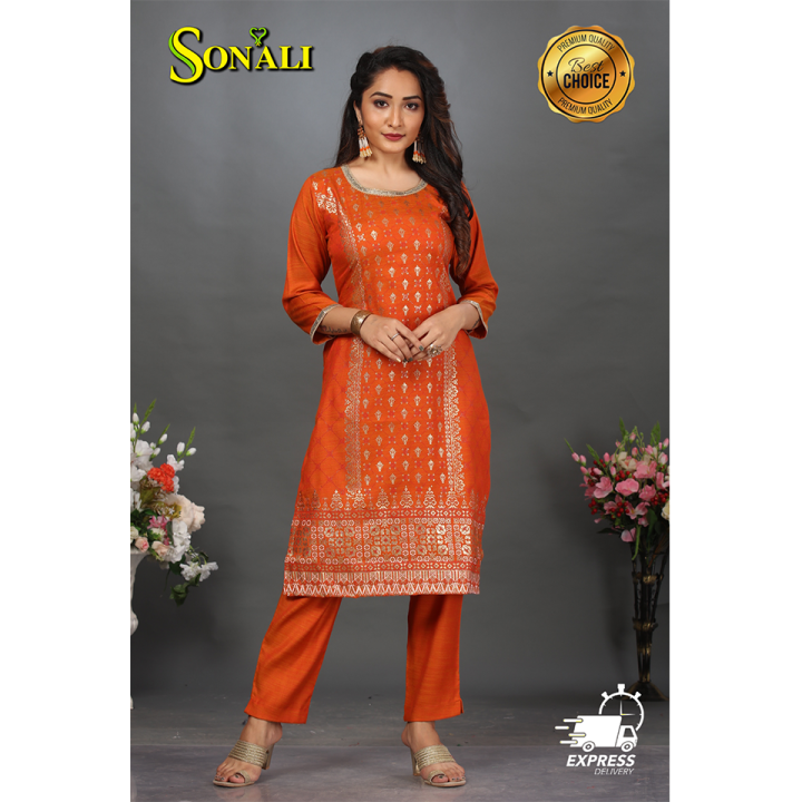 Sonali Premier Quality Women's Gold Print Soft Cool Kurti Pant Set