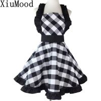 XiuMood Womans Apron For Home Kitchen Cooking Dining Accessory Black And White Buffalo Plaid Retro Full Aprons Bib