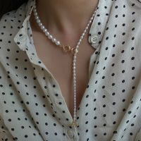 Brass With 18K Real Freshwater Pearl OT Chian Necklace Women Jewelry Punk Designer Runway Rare Simply Gown Boho Japan Korean