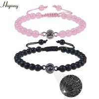 Pink Crystal Lover Bracelet Adjustable Black Matte Beaded Bangles Women Men 100 Languages I Love You Projection Couple Bracelets