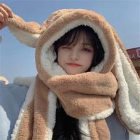 Novelty Cute Warm Casual Fleece Cap Cotton Hat Plush Bunny Ears Hat Three-in-one Hat Scarf Gloves Set Cold-proof Xmas Gifts