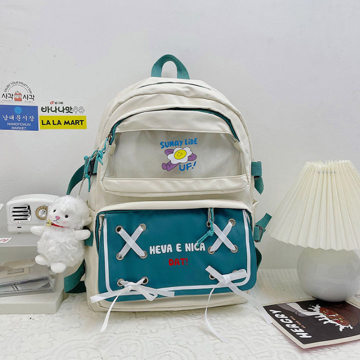 amila-กระเป๋ากระเป๋าเป้สำหรับเด็กหญิงสไตล์ญี่ปุ่น-มีริบบิ้นพิมพ์ลายกันน้ำสำหรับเด็กกระเป๋านักเรียนใส่ไปโรงเรียน