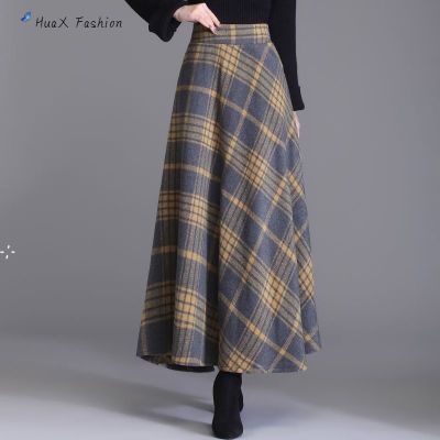 HuaX Women Retro Plaid Skirt ขนาดใหญ่ Casual Elegant High Waist Slimming Large Swing Breathable A-Line Skirt