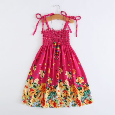 Summer Girls Floral Dress Sling Ruffles Bohemian Beach Princess Dresses for Girl Clothing 2 6 8 12 Years With Necklace Gift