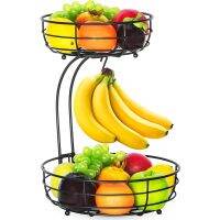 2-Layer Tabletop Fruit And Vegetable Basket Bowl With Detachable Banana Hook Flounce Basket Black Large Capacity Fruit Tray