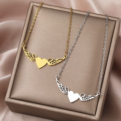 Stainless Steel Necklaces Love Heart Angel Wings Sweet Fashion Pendants Chain Choker Necklace For Women Jewelry Party Girl Gifts