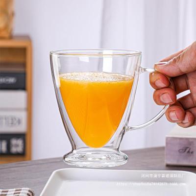 แก้วคู่โปร่งใสใช้ในครัวเรือนแก้วบอโรซิลิเกตทรงสูงถ้วยน้ำดื่มถ้วยใส่อาหารเช้ากาแฟนม CupQianfun