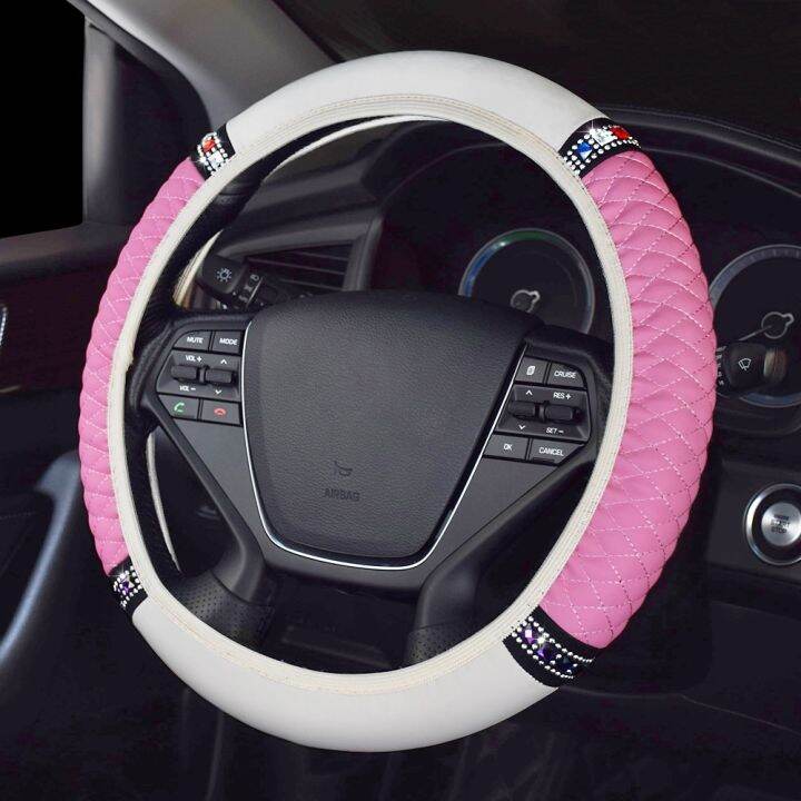 automobile-accessories-พวงมาลัยรถยนต์สีชมพูสีขาว37ซม-38ซม-สำหรับเครื่องประดับ-hiasan-interior-เพชรระยิบระยับสำหรับผู้หญิง