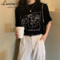 LAREINE เสื้อยืดผู้หญิง2023ฤดูร้อนแขนสั้นพิมพ์ลายหลวมขนาดใหญ่แบบคอกลม