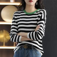 Striped Cotton Thread Knitted Bottoming Shirt Womens Pullover Round Neck Short Top Thin Sweater Sp And Autumn