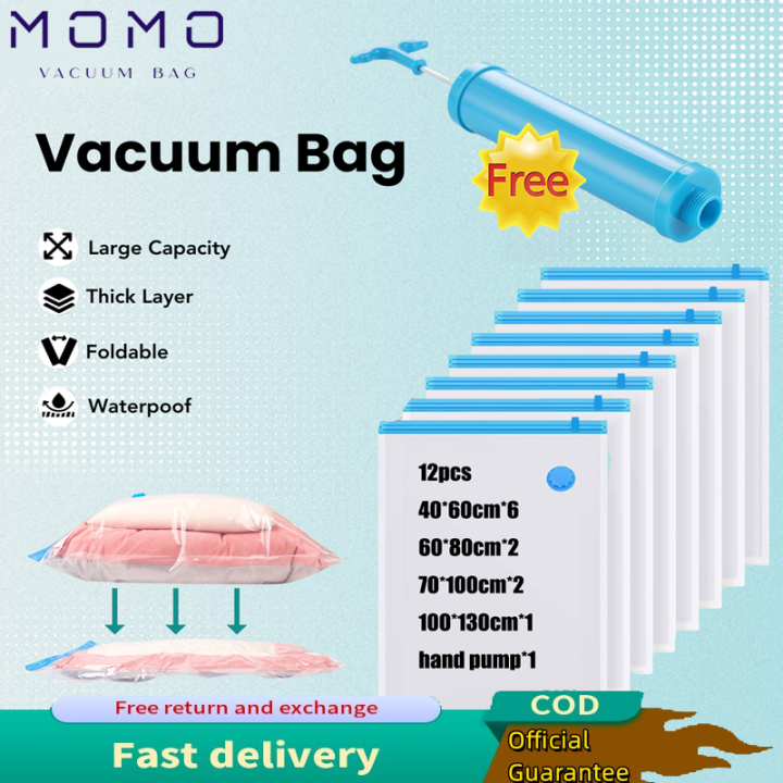1-12Pcs Vacuum Bags Space Saving Bag With Pump Vacuum Bags For Clothes  Storage Bag Hand Pump Double Seal Zipper