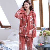 Womens Flannel Pajamas Pyjamas Set Long Sleeve Sleepwear Pijama Pajamas Suit Female Sleep Two Piece Set Loungewear Plus Size