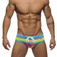 Men Underwear Lacing Rainbow Printed Briefs Bugle Pouch Underpants Calzoncillos Hombre Jockstrap Bikini Swimwear Panties 2XL