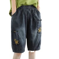 【มีไซส์ใหญ่】Plus Size M-2XL Womens Elastic Waist Knee Length Denim Shorts Casual Floral Embroidery Vintage Summer Shorts knb