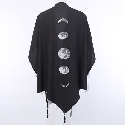 ‘；’ Gothic Black Retro Moon Print Tassel Cloak Female Autumn And Winter Dark V-Neck Loose Top Bat Cloak Goth Jacket Women
