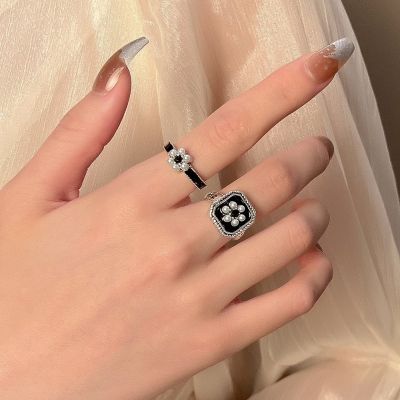 [COD] square dripping pearl ring set ins light luxury old flower geometric open 2-piece
