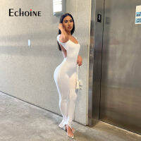 (ร้อน) echoine 2022ผู้หญิงใหม่ backless Slit flared ยาวกางเกงบอดี้สูทแขนสั้น Jumpsuits แฟชั่นเซ็กซี่ Club PARTY overalls