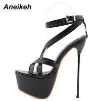 Aneikeh Fashion Head Peep Toe High Heel Buckle Strap PU Womens Shoes Solid 2022 Summer Platform Sandals Zapatos De Mujer Black