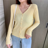 Single Breasted Spring T-Shirts Women V-Neck Long Sleeve Striped Shirts Tops Korean Elegant Slim Fit Candy Yellow Knitwear Z456