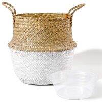 Seaweed Hand-Woven Plant Basket with Handles, Can Be Used for Picnics, Plant Basket (Large Size, Natural Color + White)