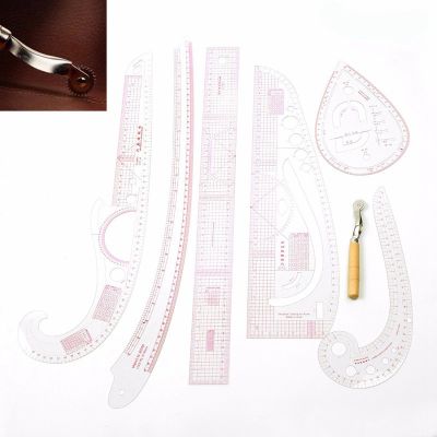 【A-NH】7PcsSet Ruler Tailor Measuring Kit Clear Sewing Drawing Ruler Yardstick Sleeve Arm French Curve Set Cutting Ruler Paddle Wheel