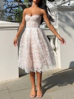 ✸ ocehrk Verão bordado flor strapless midi vestido retro sexy senhoras corset estilo hem plissado grande balanço longo festa robe branco