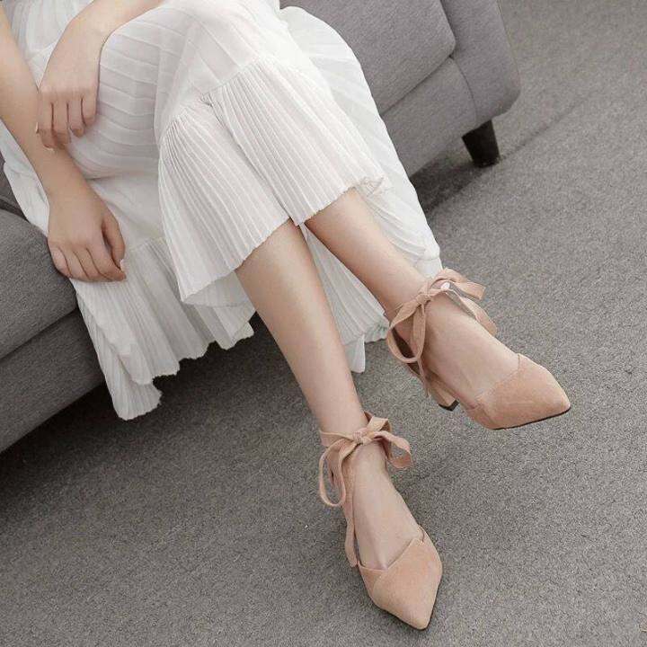 kkj-mall-ladies-shoes-2022-spring-new-high-heeled-french-single-shoes-womens-mid-heel-pointed-toe-all-match-lace-up-ladies-shoes