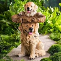 THLT9A Puppy Polyresin Bird Bath Brown Pedestal Handmade Gifts for Outdoor Home Garden Lawn Yard Decorations