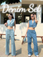 Denim ทั้งชุดเซ็ตเสื้อครอปแขนกุดแต่งปกสูท ชายเสื้อสั้นยาว มาพร้อมซับแมทช์กางเกงขายาว ผ้าเดนิมเนื้อดี ทรงเป๊ะ จะแมทช์ง่าย