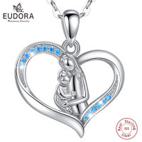 Eudora 925 sterling silve  Mother and Baby Heart Blue CZ Pendant Necklace Jewelry Friends Birthday Mother Days Gift Box D664