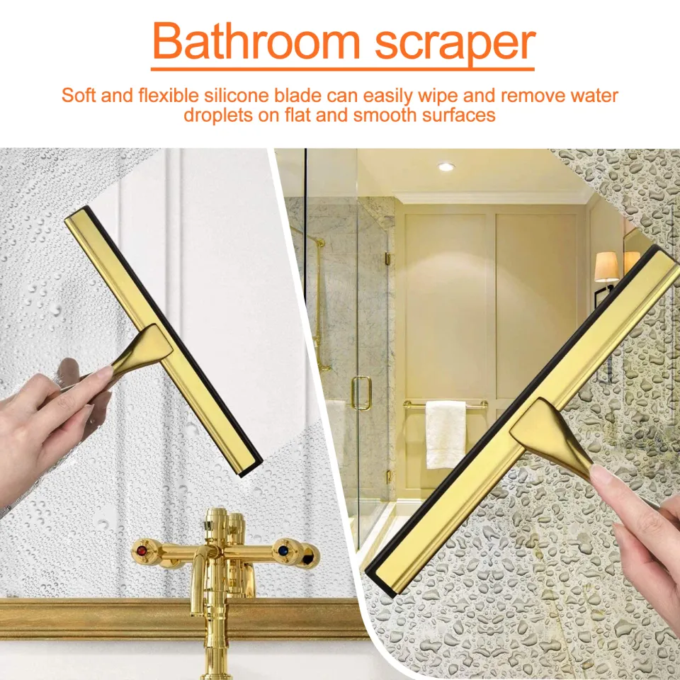 10 in. Golden Stainless Steel Shower Squeegee with 2 Adhesive Hooks