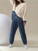 geegostudio Cartoon Bear Print Pajama Set, Long Sleeve Crew Neck Top &amp; Fuzzy Pants, Womens Sleepwear &amp; Loungewear
