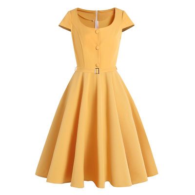 Tonval Yellow Button Up O-Neck Cap Sleeve Vintage Summer Dress Elegant Robes Women Belted A Line Retro Midi Clothes Ladies