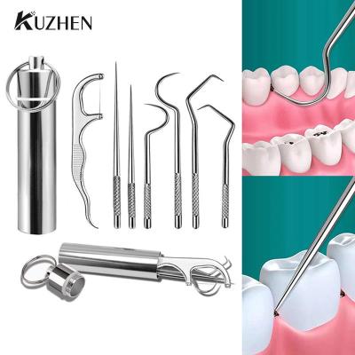ชุดทันตกรรมแบบพกพา Flossing Tooth Picking Tool Metal Stainless Steel Spiral Ear Pick Spoon Kit Oral Hygiene Tartar Removal